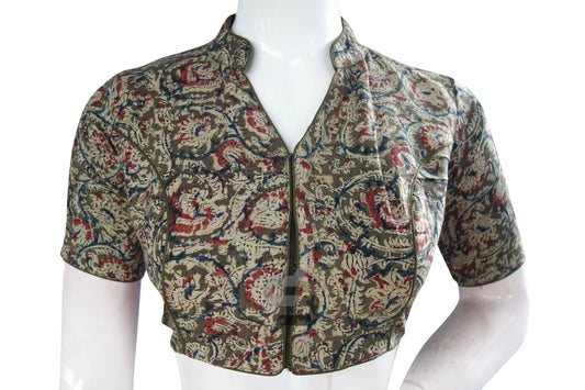 Dark Olive Green Kalamkari Collar Designer Blouse, Ready-to-Wear - D3blouses