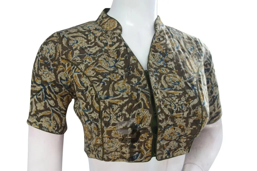 Dark Olive Green Kalamkari Collar Designer Blouse, Ready-to-Wear Elegance - D3blouses