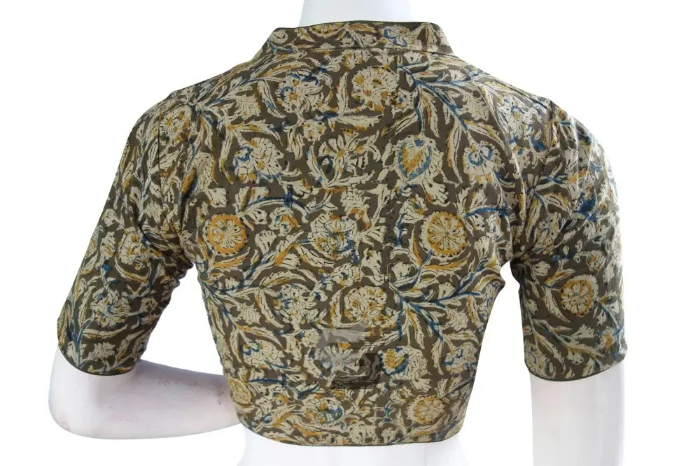Dark Olive Green Kalamkari Collar Designer Blouse, Ready-to-Wear Elegance - D3blouses