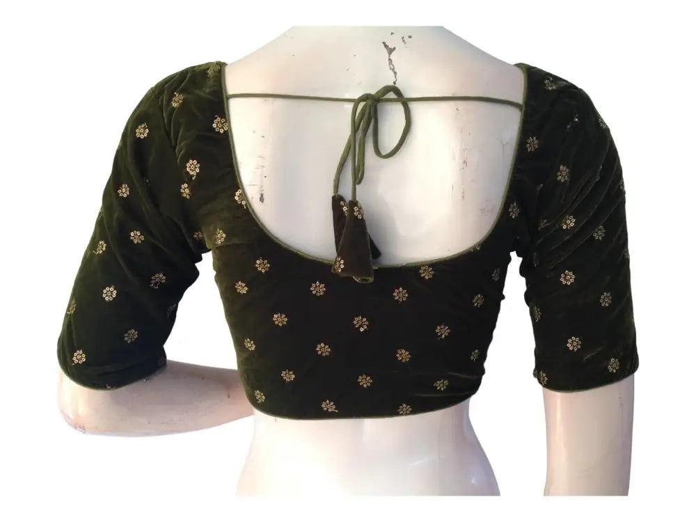 Dark Olive Green Saree Blouse, Velvet Readymade blouse, Indian Saree Choli top Online - D3blouses