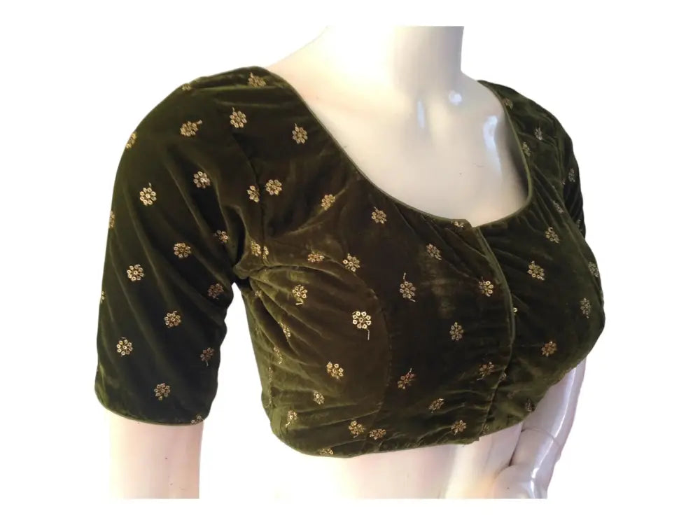 Dark Olive Green Saree Blouse, Velvet Readymade blouse, Indian Saree Choli top Online - D3blouses