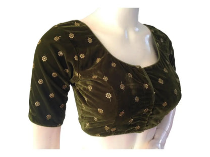 Dark Olive Green Saree Blouse, Velvet Readymade blouse, Indian Saree Choli top Online - D3blouses