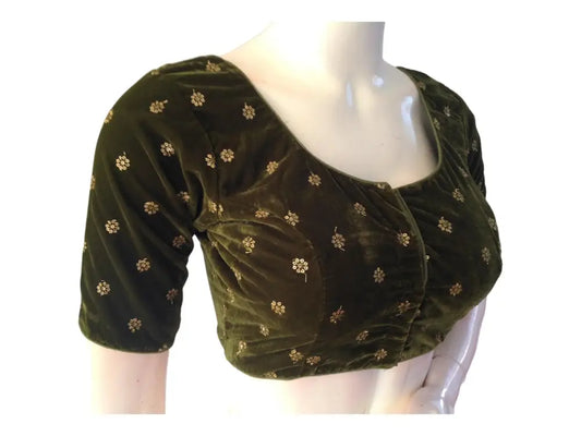 Dark Olive Green Saree Blouse, Velvet Readymade blouse, Indian Saree Choli top Online - D3blouses
