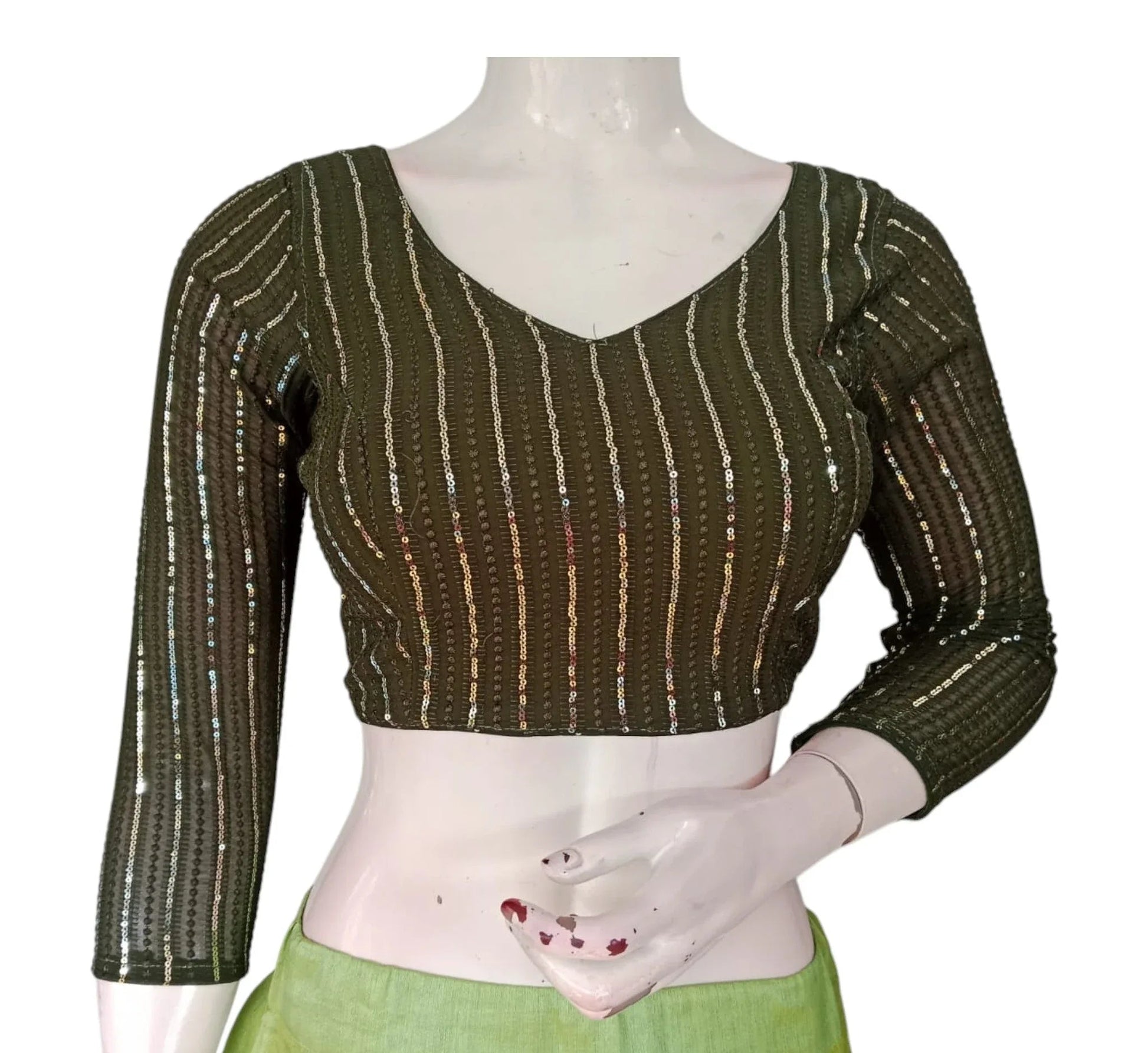 Dark Olive Green Sequin Saree Blouse with 3/4th Sleeves - Elegant Indian Wear - D3blouses