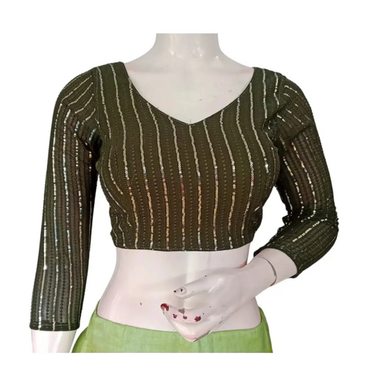 Dark Olive Green Sequin Saree Blouse with 3/4th Sleeves - Elegant Indian Wear - D3blouses