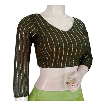 Dark Olive Green Sequin Saree Blouse with 3/4th Sleeves - Elegant Indian Wear - D3blouses