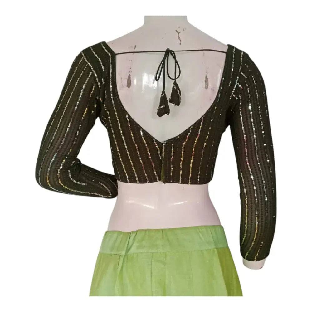Dark Olive Green Sequin Saree Blouse with 3/4th Sleeves - Elegant Indian Wear - D3blouses