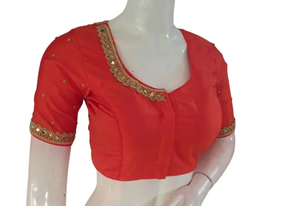 Dark Orange Bridal Silk Blouse | Mirror Aari Handwork | Wedding Wear - D3blouses