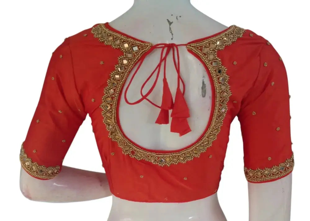 Dark Orange Bridal Silk Blouse | Mirror Aari Handwork | Wedding Wear - D3blouses