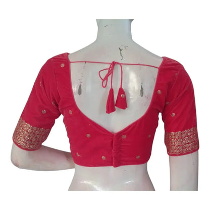 Dark Peach Pink Sequined Velvet V-Neck Designer Readymade Saree Blouse - D3blouses