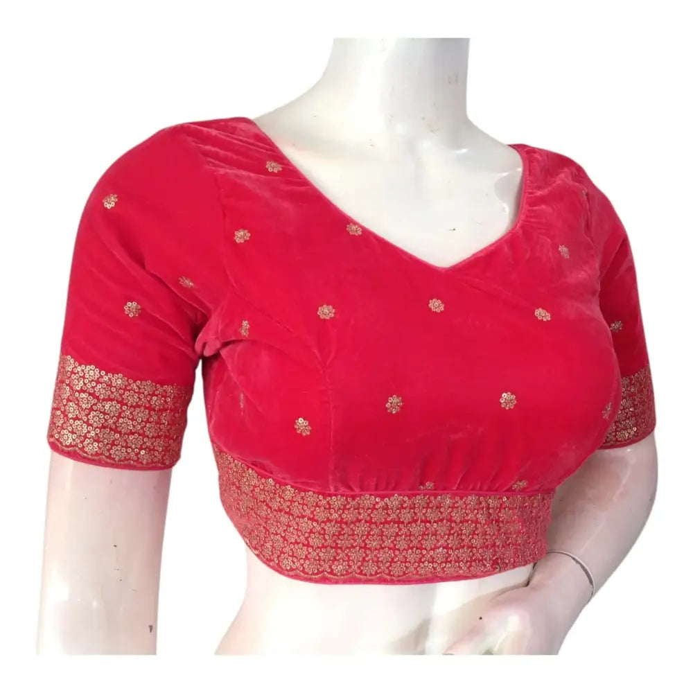 Dark Peach Pink Sequined Velvet V-Neck Designer Readymade Saree Blouse - D3blouses