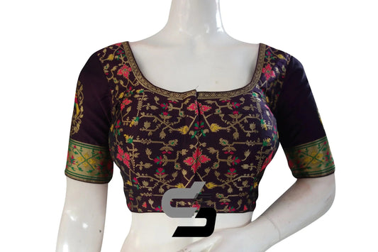 Dark Purple Color Raw Silk Embossed Embroidery Readymade Saree Blouse With Border Sleeves - D3blouses