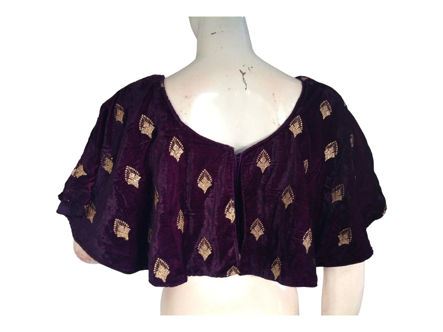 Dark Purple Velvet Ponchos Readymade Saree Blouse, Indian Designer Choli Top - D3blouses