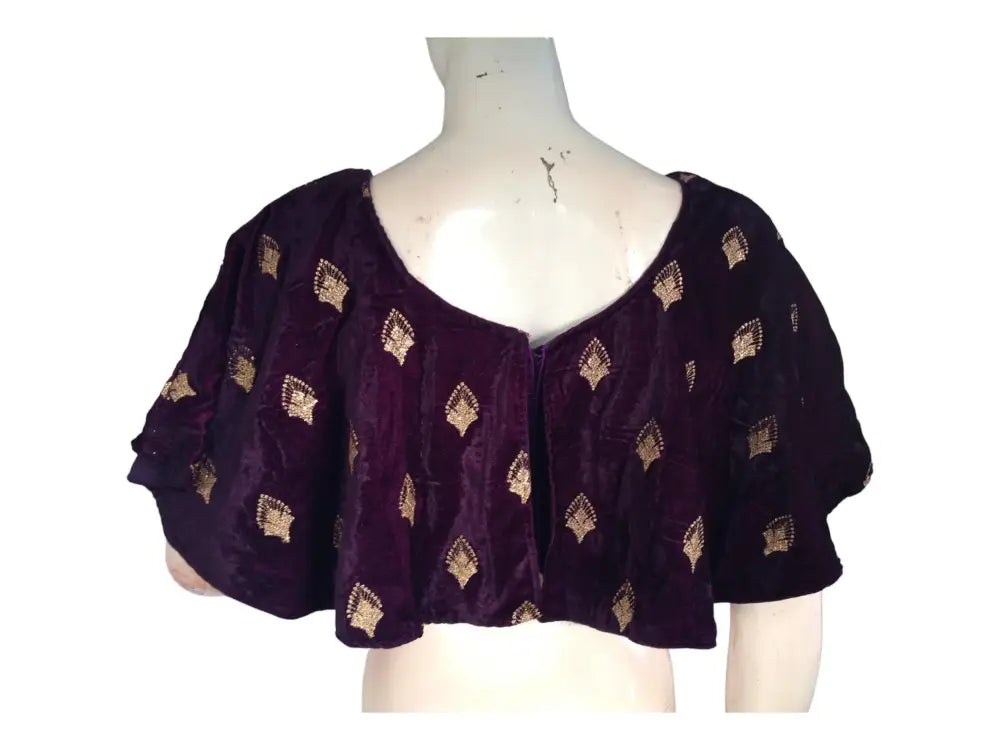 Dark Purple Velvet Ponchos Readymade Saree Blouse, Indian Designer Choli Top - D3blouses