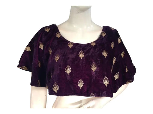 Dark Purple Velvet Ponchos Readymade Saree Blouse, Indian Designer Choli Top - D3blouses