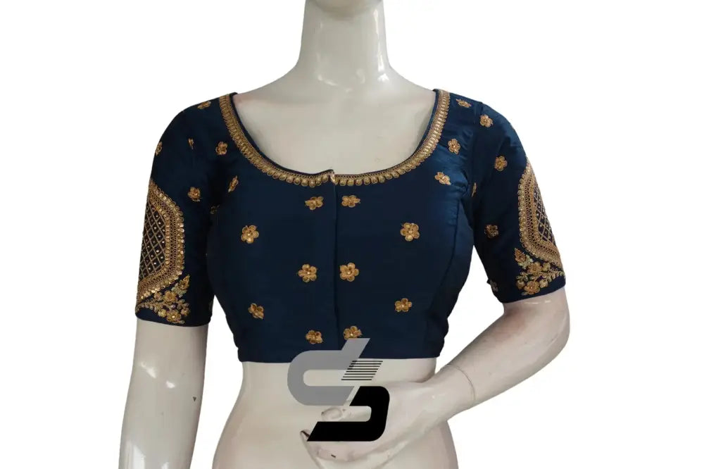 Dark Teal Blue Color Semi Silk Designer Embroidery Readymade Saree Blouse - D3blouses