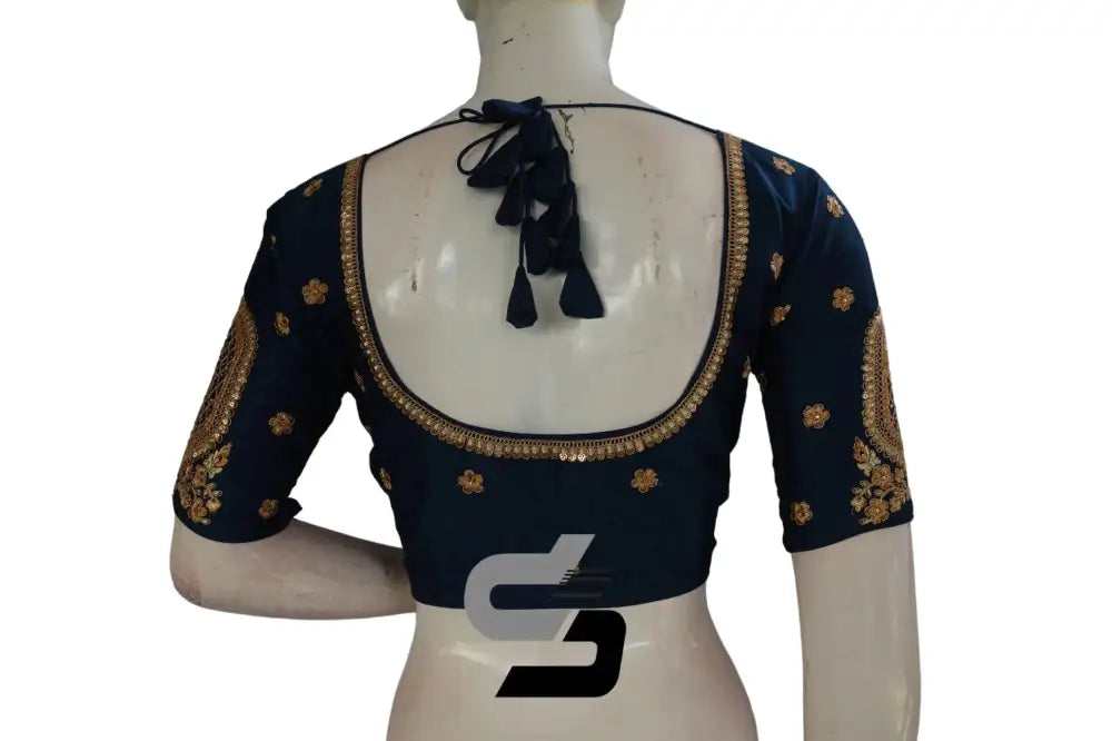 Dark Teal Blue Color Semi Silk Designer Embroidery Readymade Saree Blouse - D3blouses