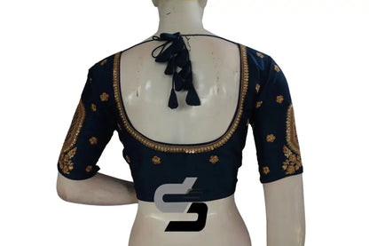 Dark Teal Blue Color Semi Silk Designer Embroidery Readymade Saree Blouse - D3blouses
