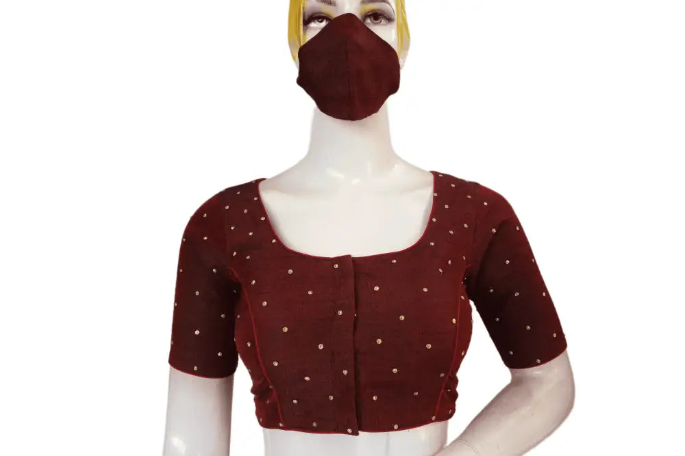 Deep Maroon, Plain Moti Stone Work Indian Saree Readymade Blouse - D3blouses