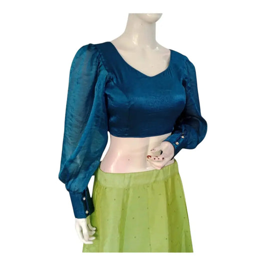 Designer Blue Color Organza Full Sleeve Blouse | Balloon Sleeves | Indian Fashion - D3blouses