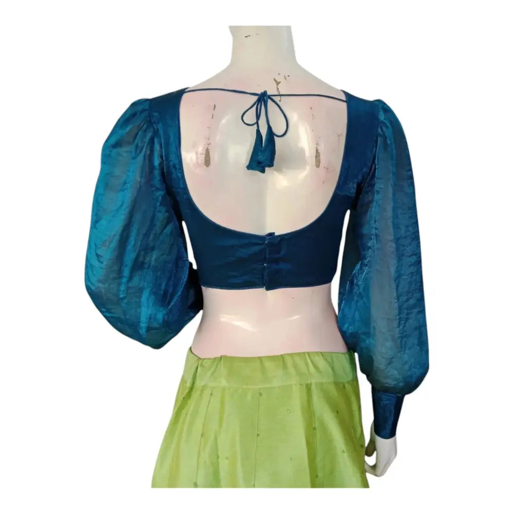Designer Blue Color Organza Full Sleeve Blouse | Balloon Sleeves | Indian Fashion - D3blouses