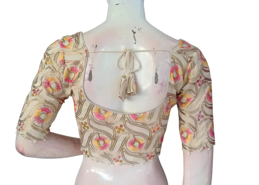 Designer Khadi Cotton Saree Blouse - Hand-Embroidered & Sequined - D3blouses