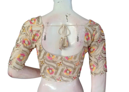 Designer Khadi Cotton Saree Blouse - Hand-Embroidered & Sequined - D3blouses