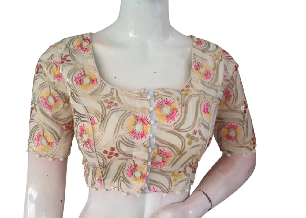 Designer Khadi Cotton Saree Blouse - Hand-Embroidered & Sequined - D3blouses