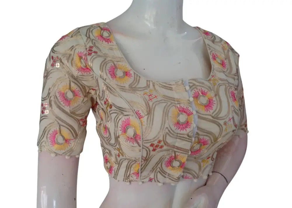 Designer Khadi Cotton Saree Blouse - Hand-Embroidered & Sequined - D3blouses