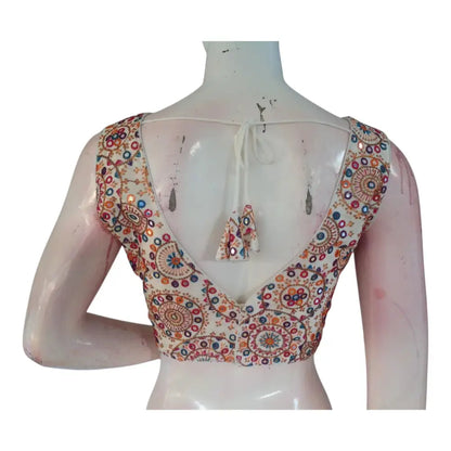 Designer Off-White Floral Embroidery Readymade Saree Blouse - Semi-Silk - D3blouses