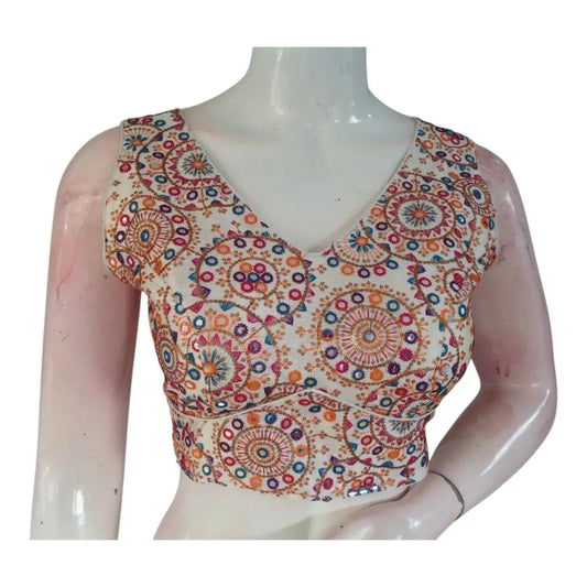 Designer Off-White Floral Embroidery Readymade Saree Blouse - Semi-Silk - D3blouses