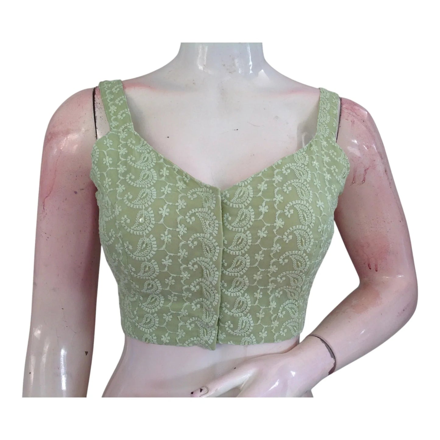 Designer Pastel Green Chikankari Sleeveless Blouse - Spaghetti Strap Detail - D3blouses