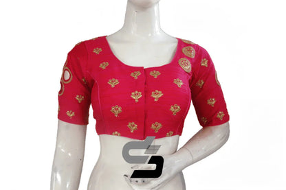 Designer Pink Semi Silk High Neck Embroidered Blouses/Crop Tops - D3blouses