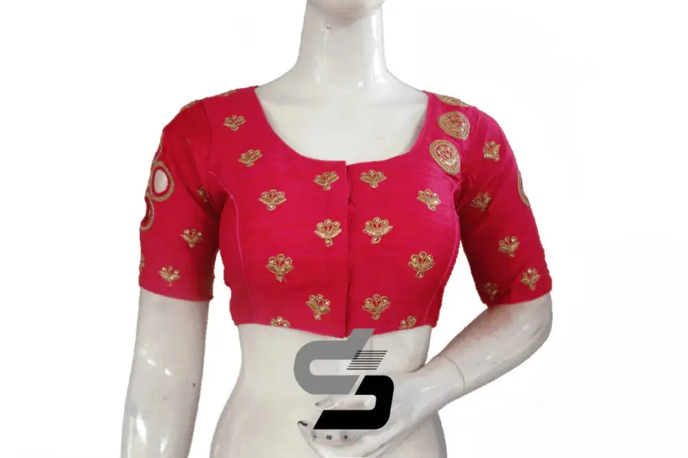 Designer Pink Semi Silk High Neck Embroidered Blouses/Crop Tops - D3blouses