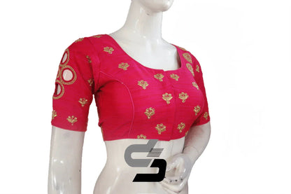 Designer Pink Semi Silk High Neck Embroidered Blouses/Crop Tops - D3blouses