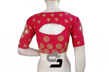 Designer Pink Semi Silk High Neck Embroidered Blouses/Crop Tops - D3blouses