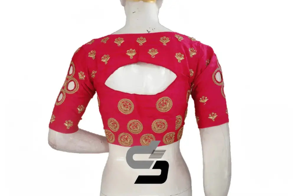 Designer Pink Semi Silk High Neck Embroidered Blouses/Crop Tops - D3blouses