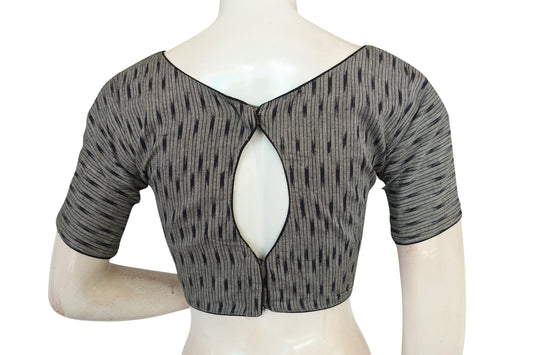 Discover Elegance, Grey Ikkat Cotton Boat Neck Readymade Blouse by D3 Blouses - D3blouses