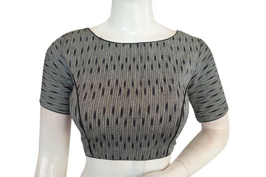 Discover Elegance, Grey Ikkat Cotton Boat Neck Readymade Blouse by D3 Blouses - D3blouses