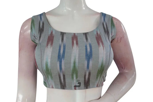 Discover Elegance, Grey Multi-Color Ikkat Designer Readymade Saree Blouse - D3blouses