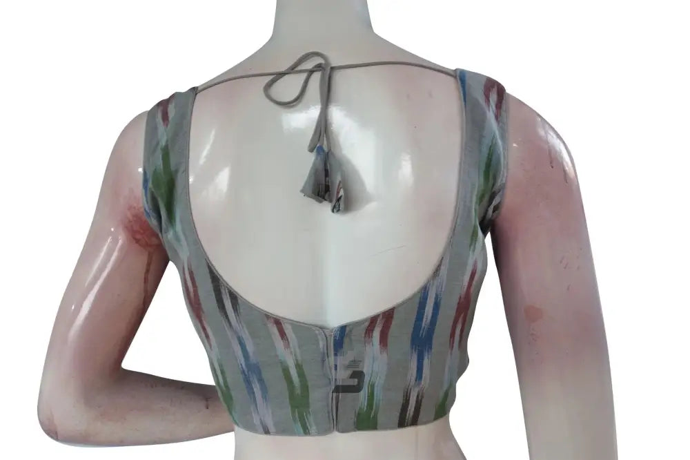 Discover Elegance, Grey Multi-Color Ikkat Designer Readymade Saree Blouse - D3blouses
