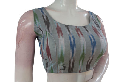 Discover Elegance, Grey Multi-Color Ikkat Designer Readymade Saree Blouse - D3blouses