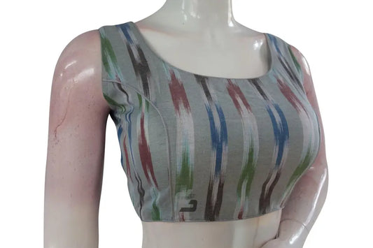 Discover Elegance, Grey Multi-Color Ikkat Designer Readymade Saree Blouse - D3blouses