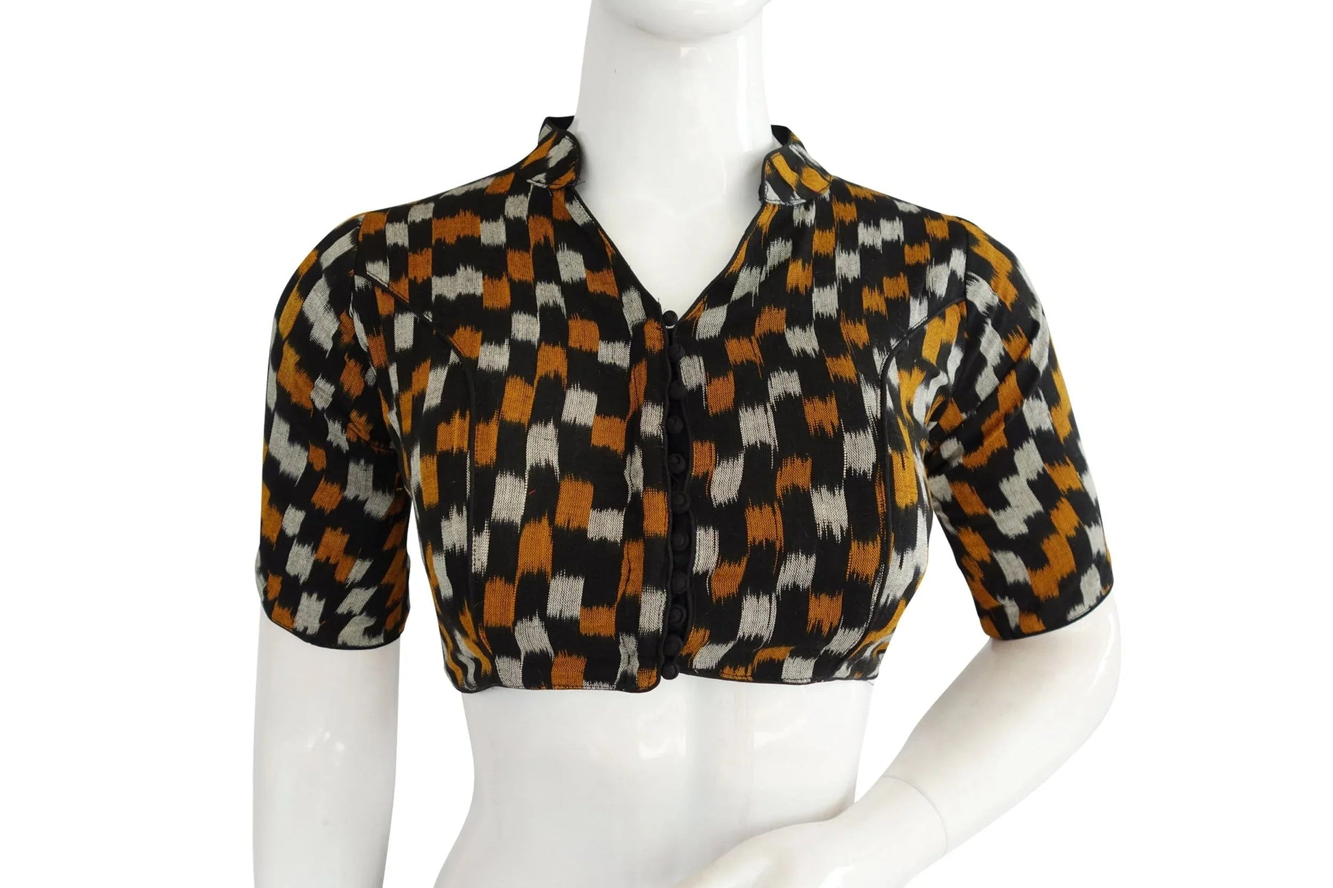Discover Indian Readymade Blouse Styles: Black Ikkat Collars, Crop Tops, and Tunics - D3blouses