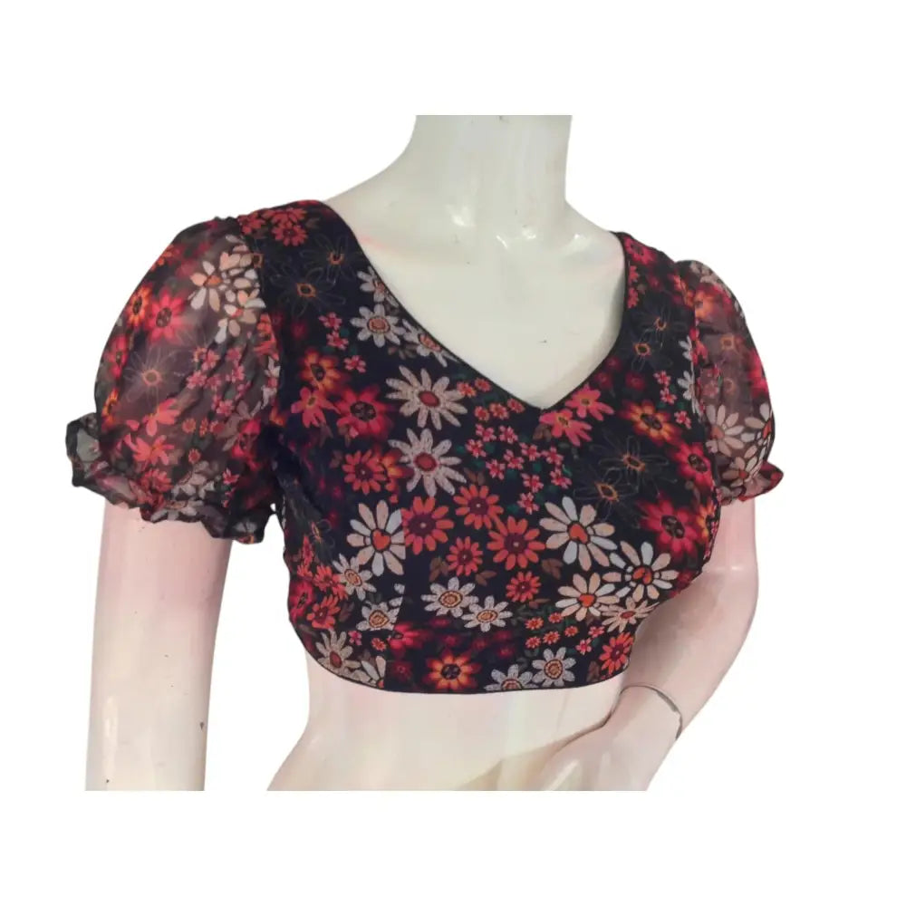 Dramatically Elegant: Black Organza Puff Sleeve Readymade Blouse - D3blouses