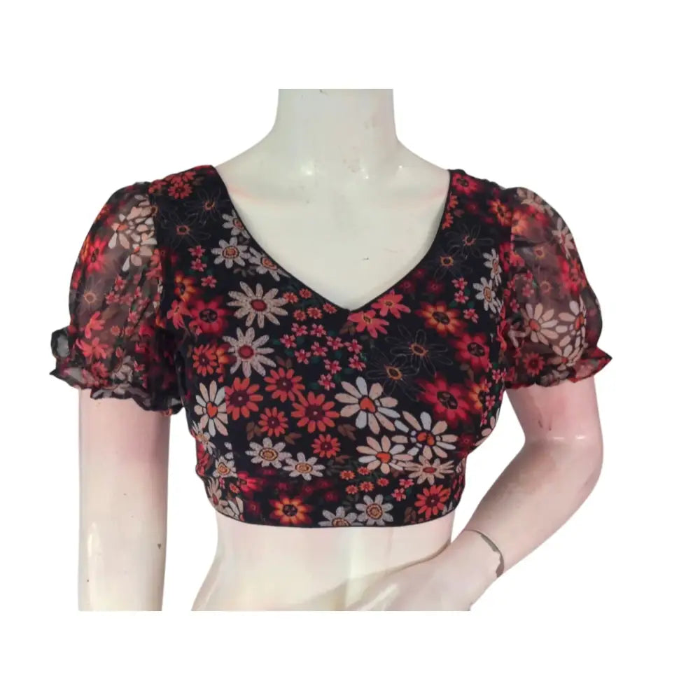 Dramatically Elegant: Black Organza Puff Sleeve Readymade Blouse - D3blouses