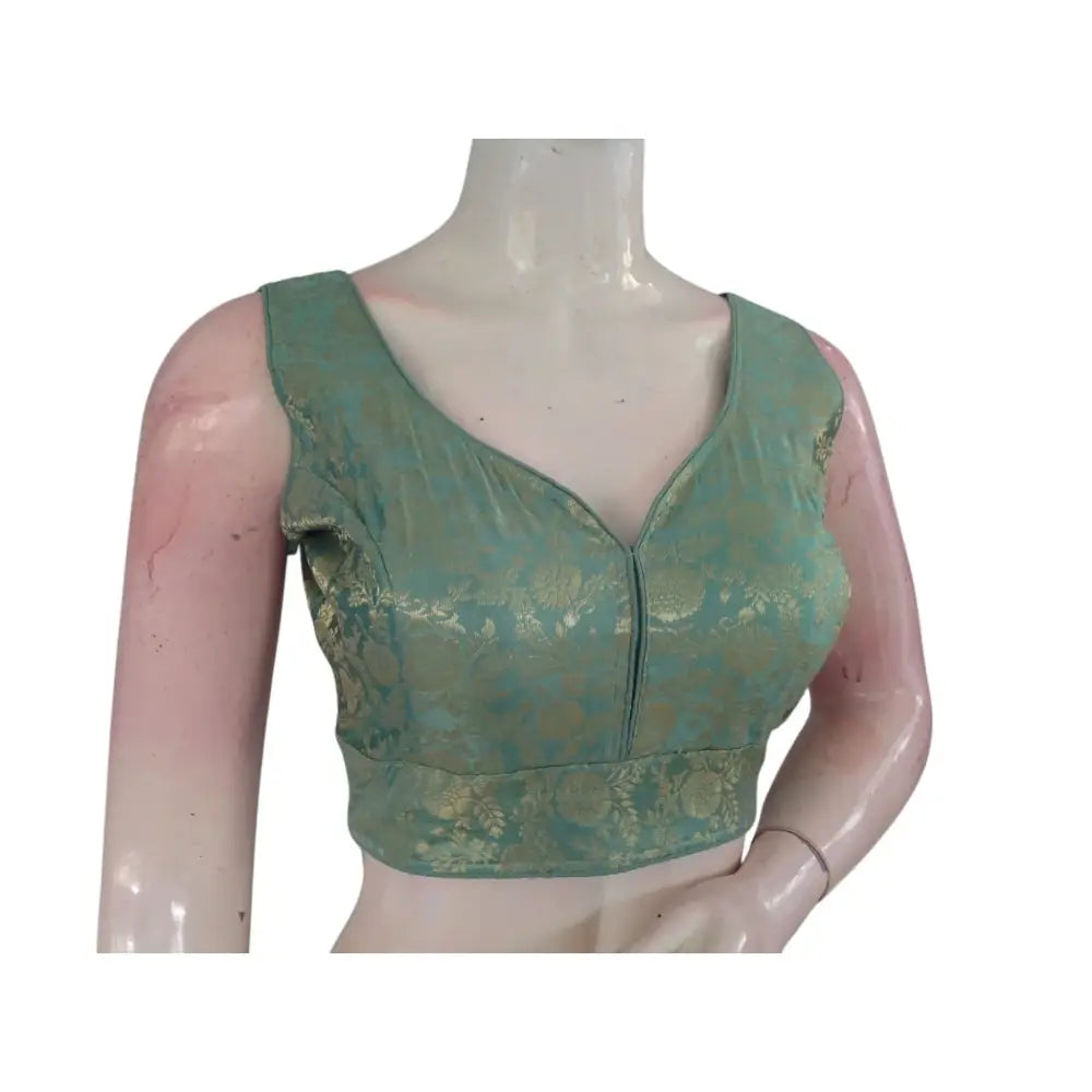 Dreamy Pastel Green Banaras Silk Ready made Saree Blouse: Ethereal Elegance - D3blouses