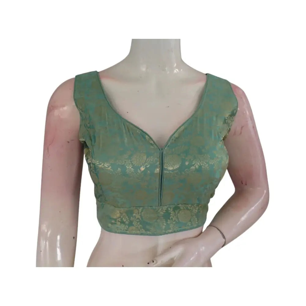Dreamy Pastel Green Banaras Silk Ready made Saree Blouse: Ethereal Elegance - D3blouses