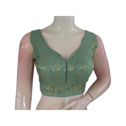 Dreamy Pastel Green Banaras Silk Ready made Saree Blouse: Ethereal Elegance - D3blouses