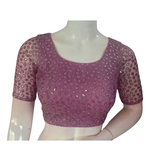 Dusty Pink Embroidered Netted Readymade Saree Blouse - D3blouses
